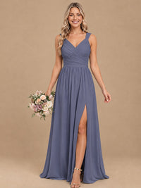 Pleated Chiffon V Neck Wedding Bridesmaid Dresses Floor Length with Slit