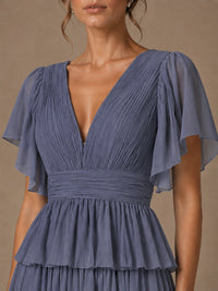 Chiffon V-Neck Tiered Ruffle Bridesmaid Dress with Slit