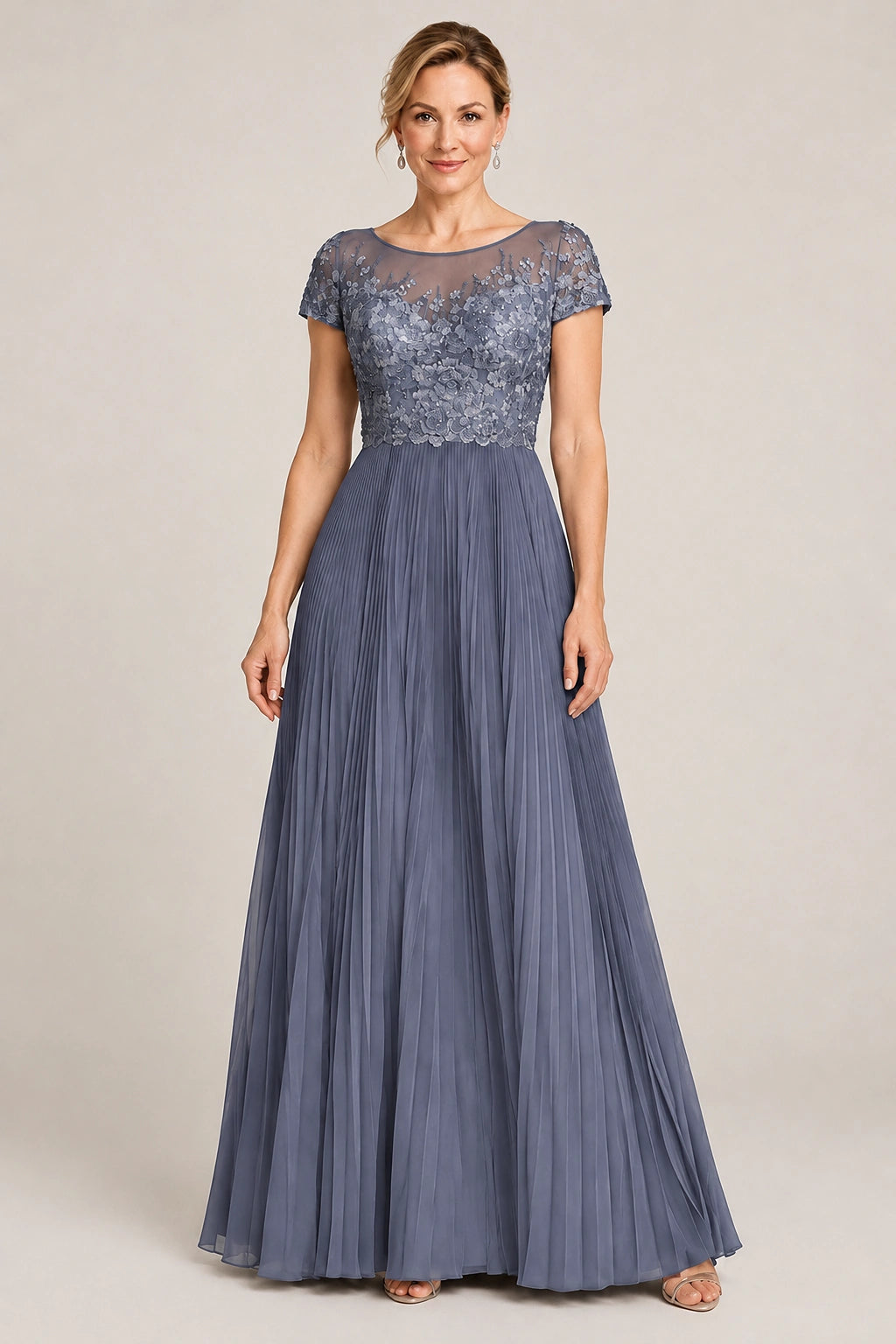 Embroidered Lace Pleated Mother of the Bride Dress