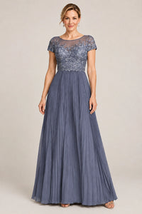 Embroidered Lace Pleated Mother of the Bride Dress
