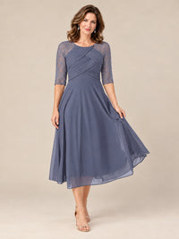 Tea-Length Mother of the Bride Dress with Lace 3/4 Sleeves