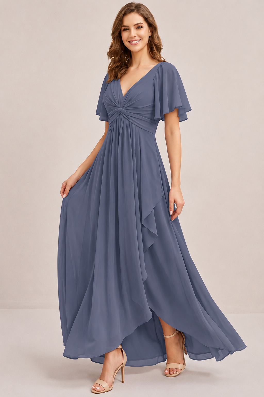 Dusty Blue Chiffon Bridesmaid Dress with Flutter Sleeves & High-Low Hem