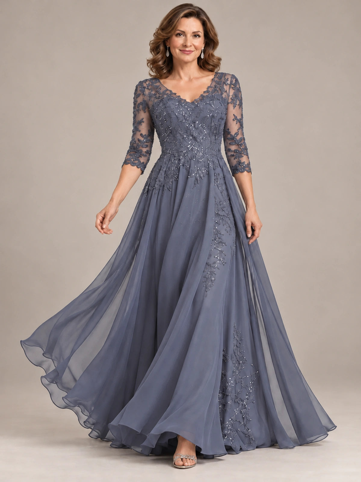 Sequin Lace A-Line Mother of the Bride Dress with 3/4 Sleeves