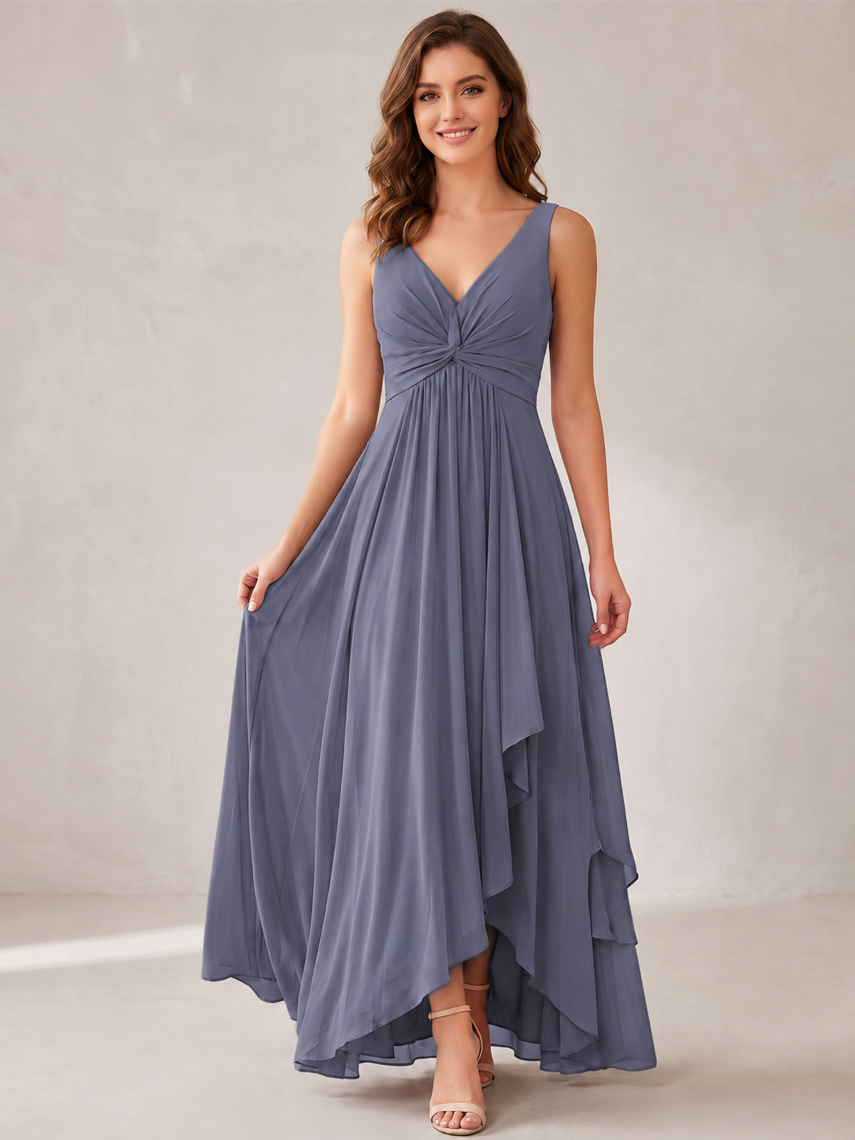V-Neck High-Low Chiffon Bridesmaid Dress with Ruffles