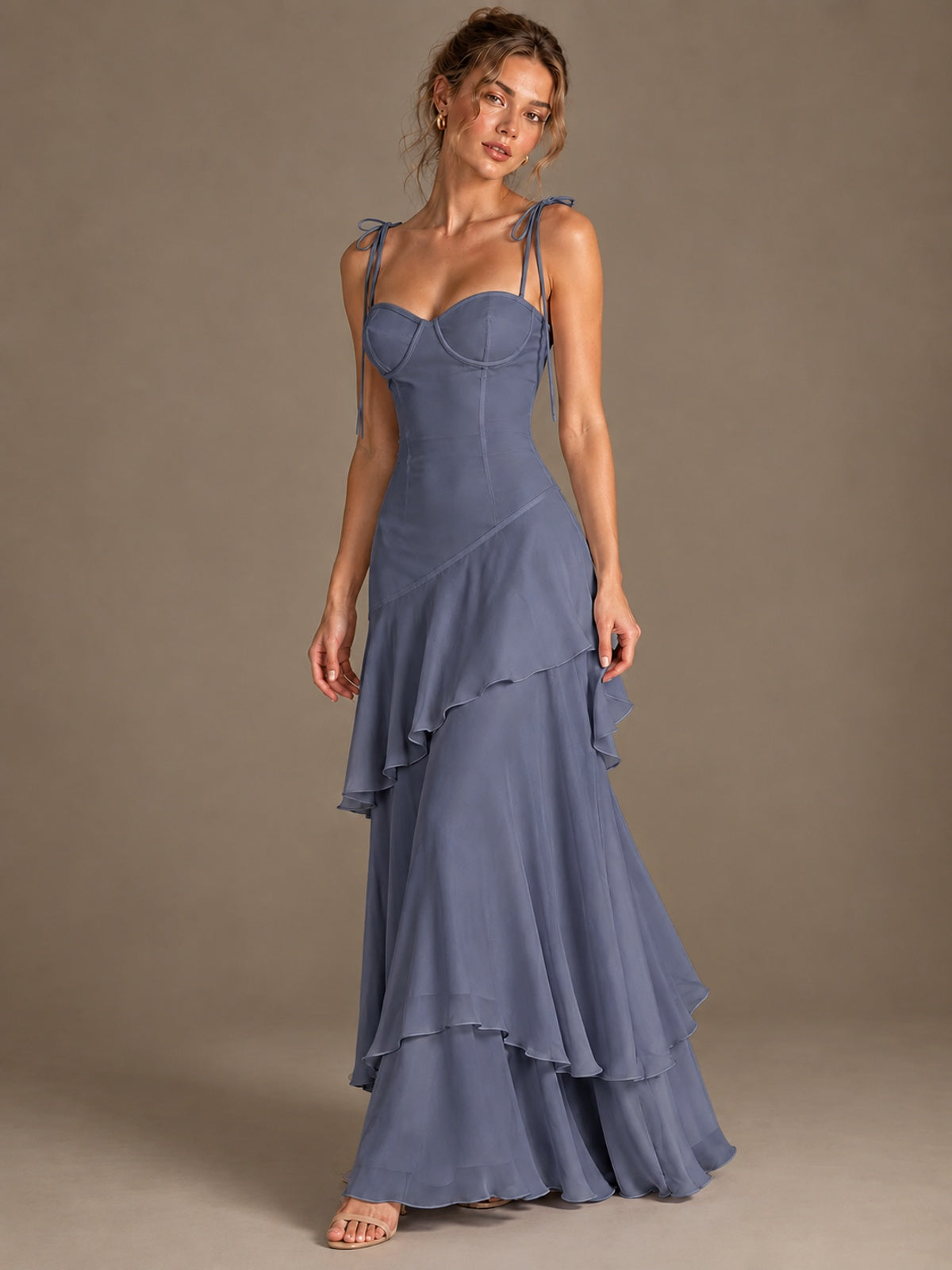 Spaghetti Strap Tiered Ruffles Chiffon Prom Dress
