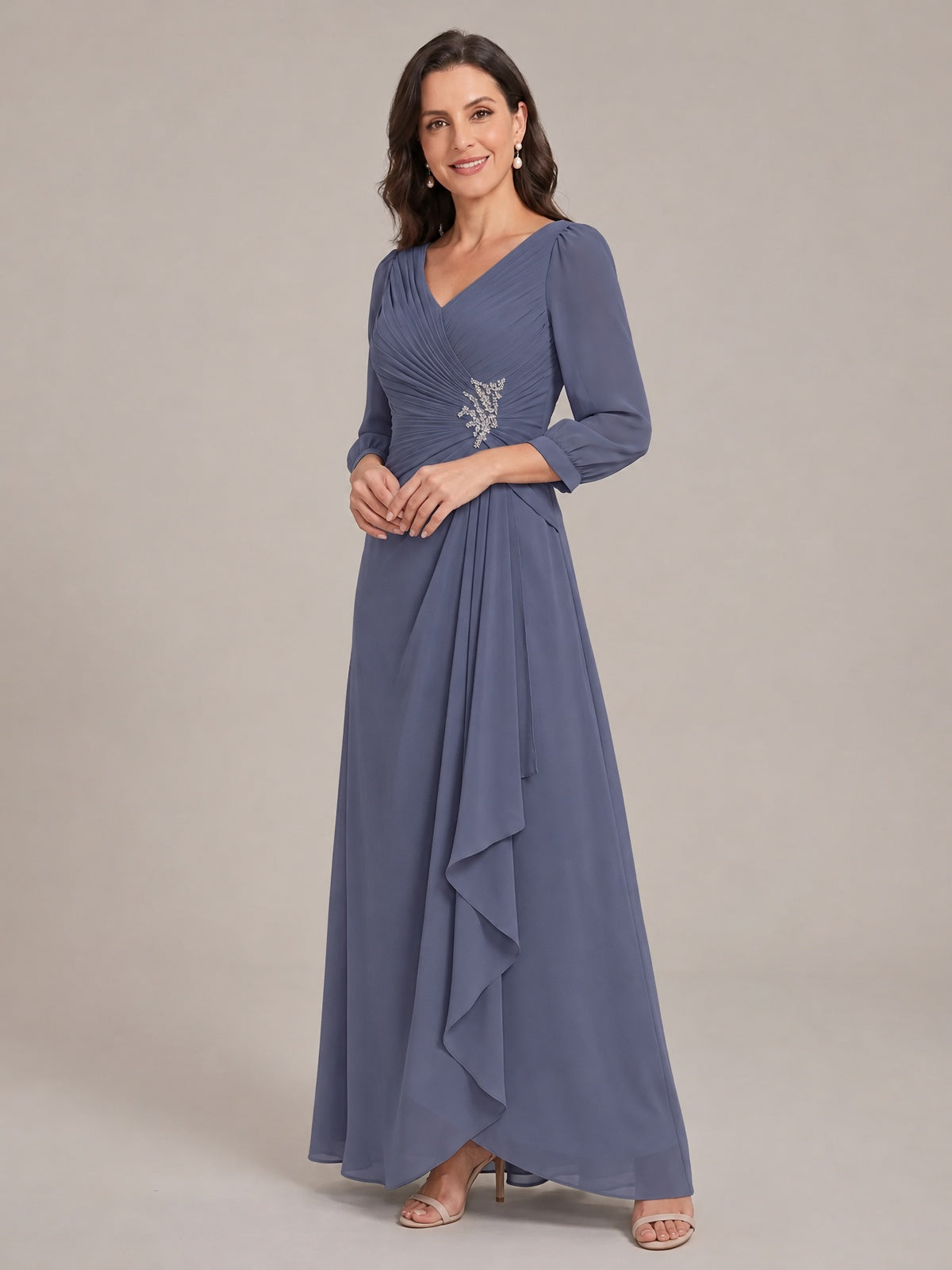 V-Neck Pleated Chiffon Mother of the Bride Dress with Flutter Sleeves