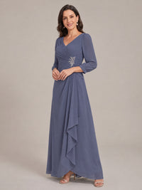 V-Neck Pleated Chiffon Mother of the Bride Dress with Flutter Sleeves