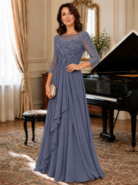A-Line Chiffon Mother of the Bride Dress with Floral Applique 3/4 Sleeves