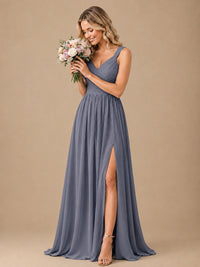 Pleated Chiffon V Neck Wedding Bridesmaid Dresses Floor Length with Slit