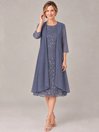 Tea Length Sequin Lace Mother of The Bride Dress with Chiffon Jacket