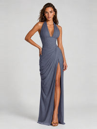Ruched Halter Neck High-Slit Prom & Evening Dress