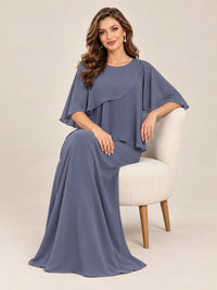 Cape Sleeve Mother of the Bride Dress with Asymmetrical Overlay