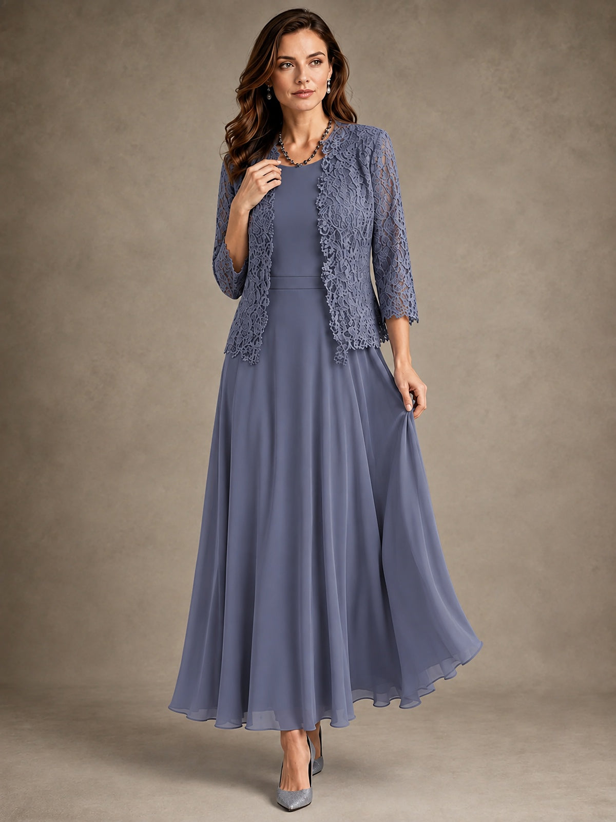 2-Piece Chiffon Mother of the Bride Dress with Lace Jacket