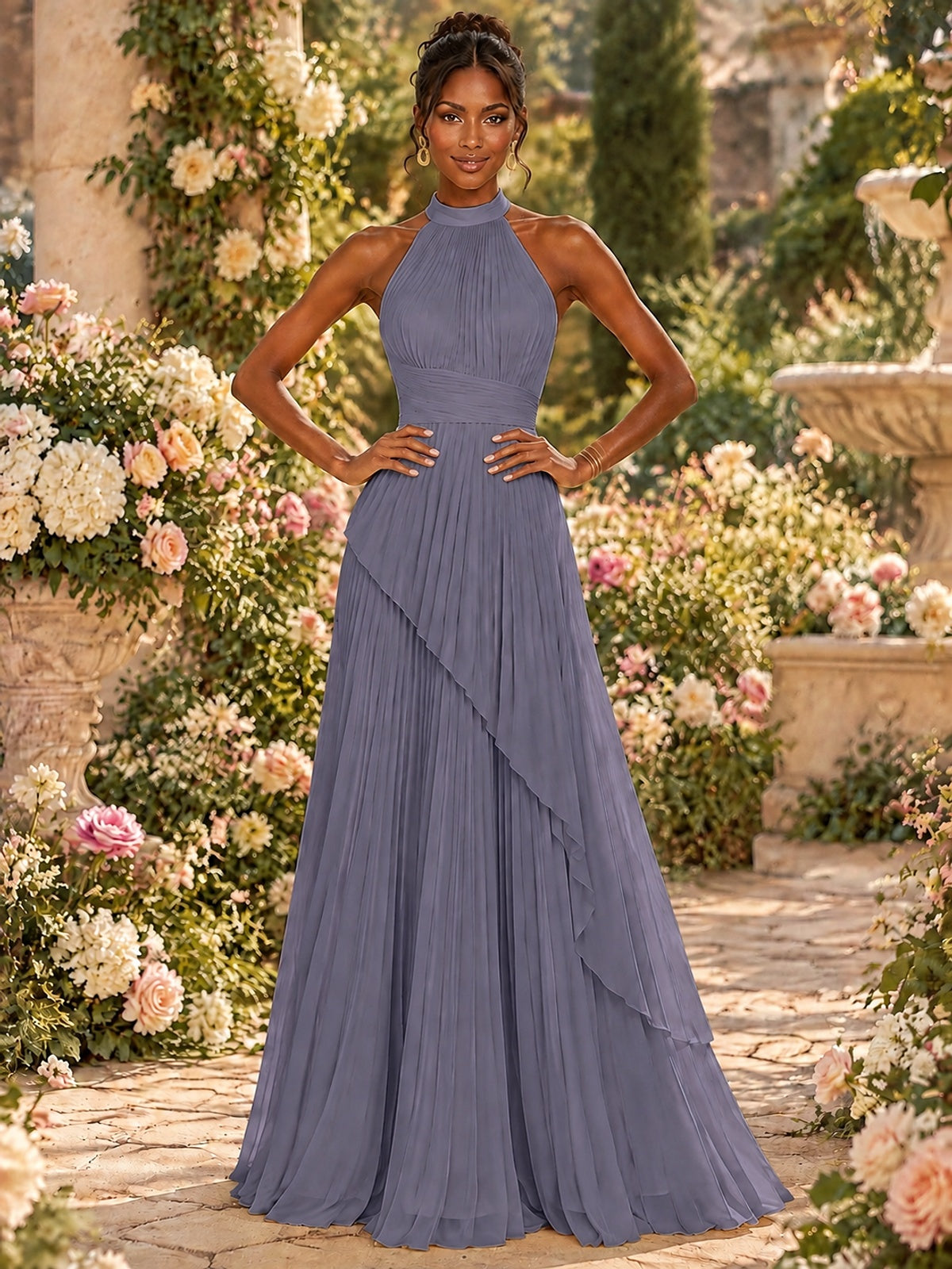 Wrap Pleated Prom Dress Halter A-line Chiffon Formal Wedding Dress