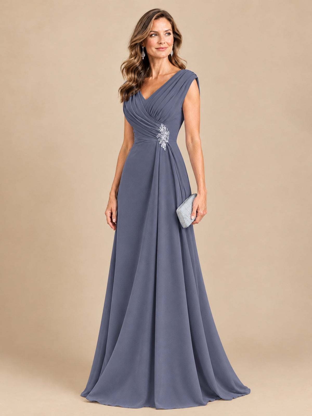 V Neck Pleated Mother of The Bride Dresses with Beading Cap Sleeves