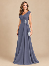 V Neck Pleated Mother of The Bride Dresses with Beading Cap Sleeves
