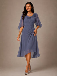 Cowl Neck Ruched Chiffon Mother of the Bride Dresses with Flutter Sleeves