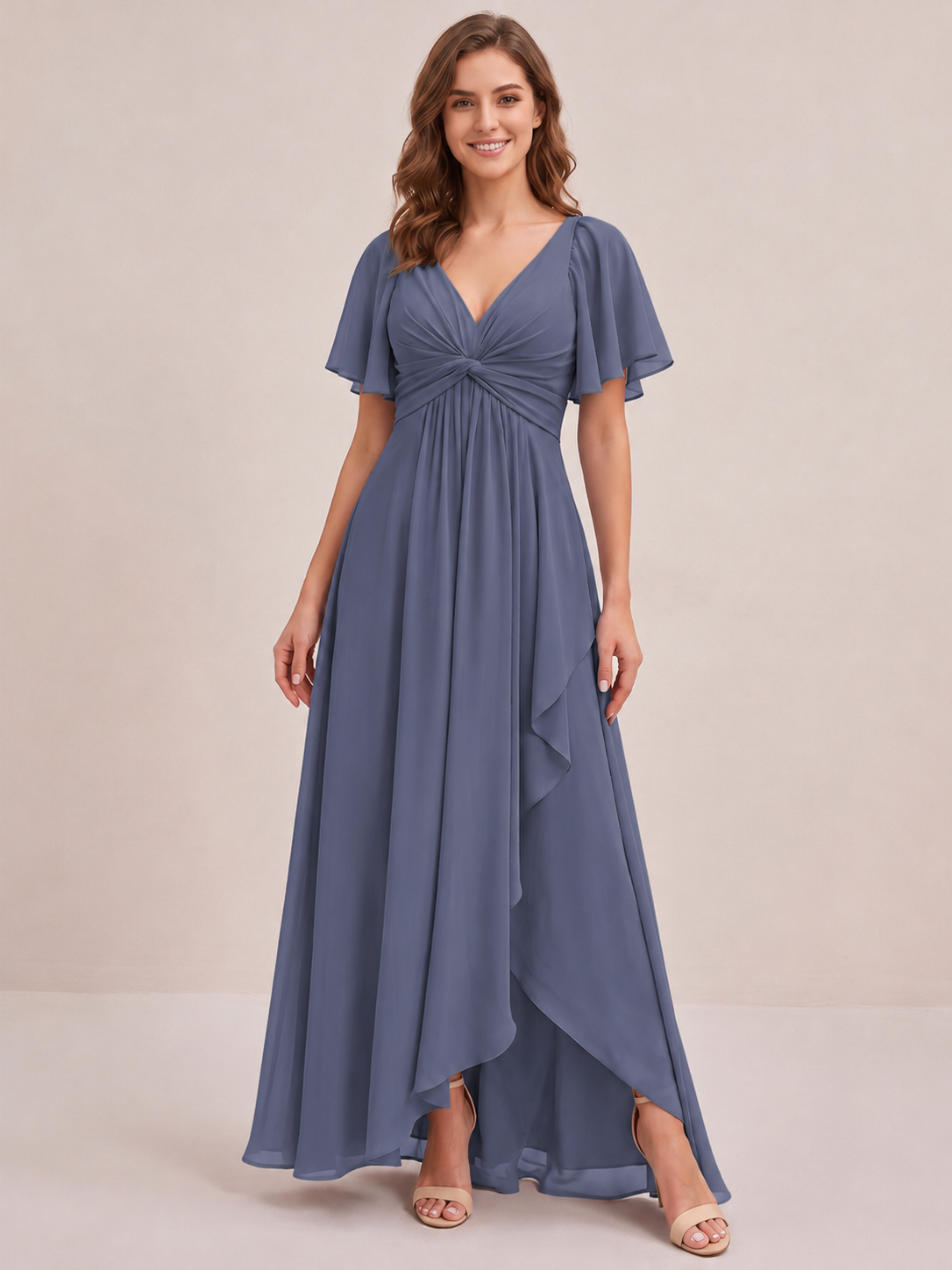 Dusty Blue Chiffon Bridesmaid Dress with Flutter Sleeves & High-Low Hem