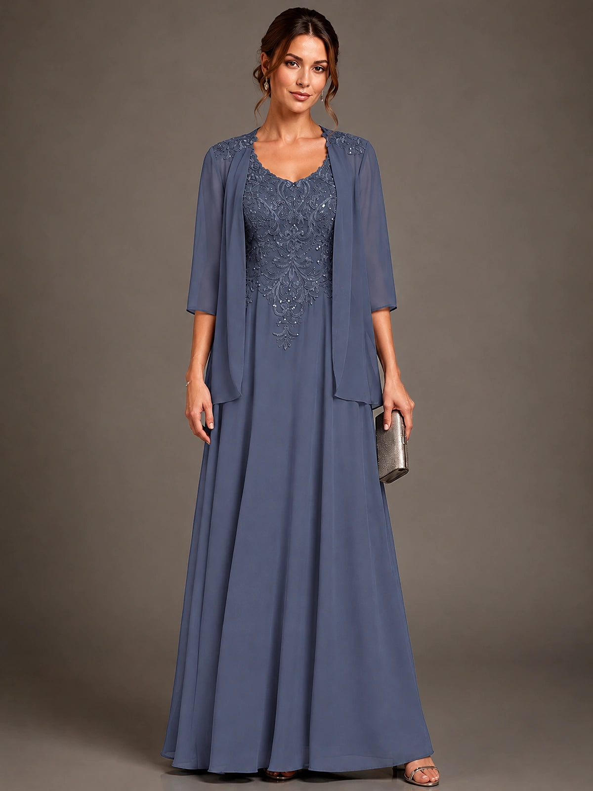 A-line 2 Pieces Chiffon Appliques Mother of The Bride Dresses with Jackets