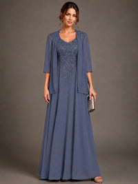 A-line 2 Pieces Chiffon Appliques Mother of The Bride Dresses with Jackets
