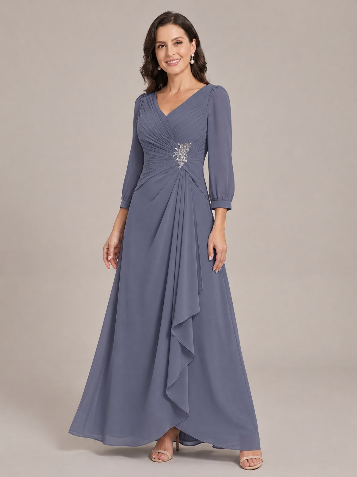 V-Neck Pleated Chiffon Mother of the Bride Dress with Flutter Sleeves