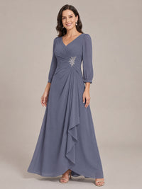 V-Neck Pleated Chiffon Mother of the Bride Dress with Flutter Sleeves