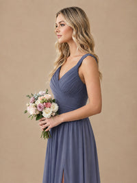 Pleated Chiffon V Neck Wedding Bridesmaid Dresses Floor Length with Slit