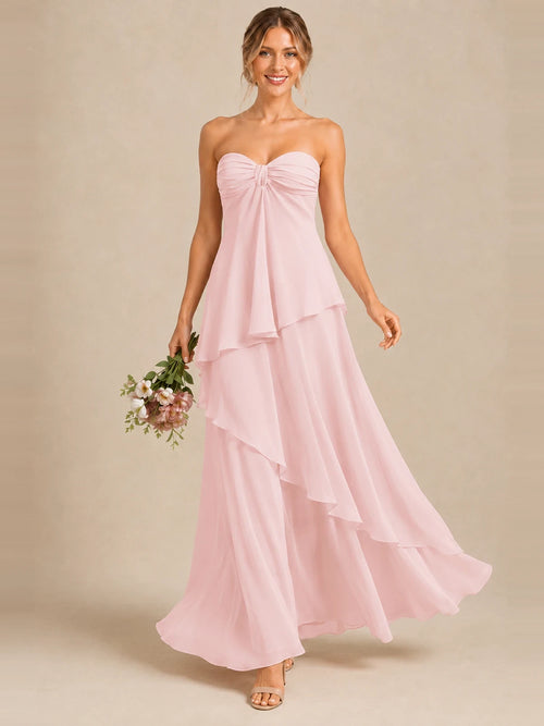 Blush Pink Strapless Chiffon Bridesmaid Dress with Tiered Ruffles