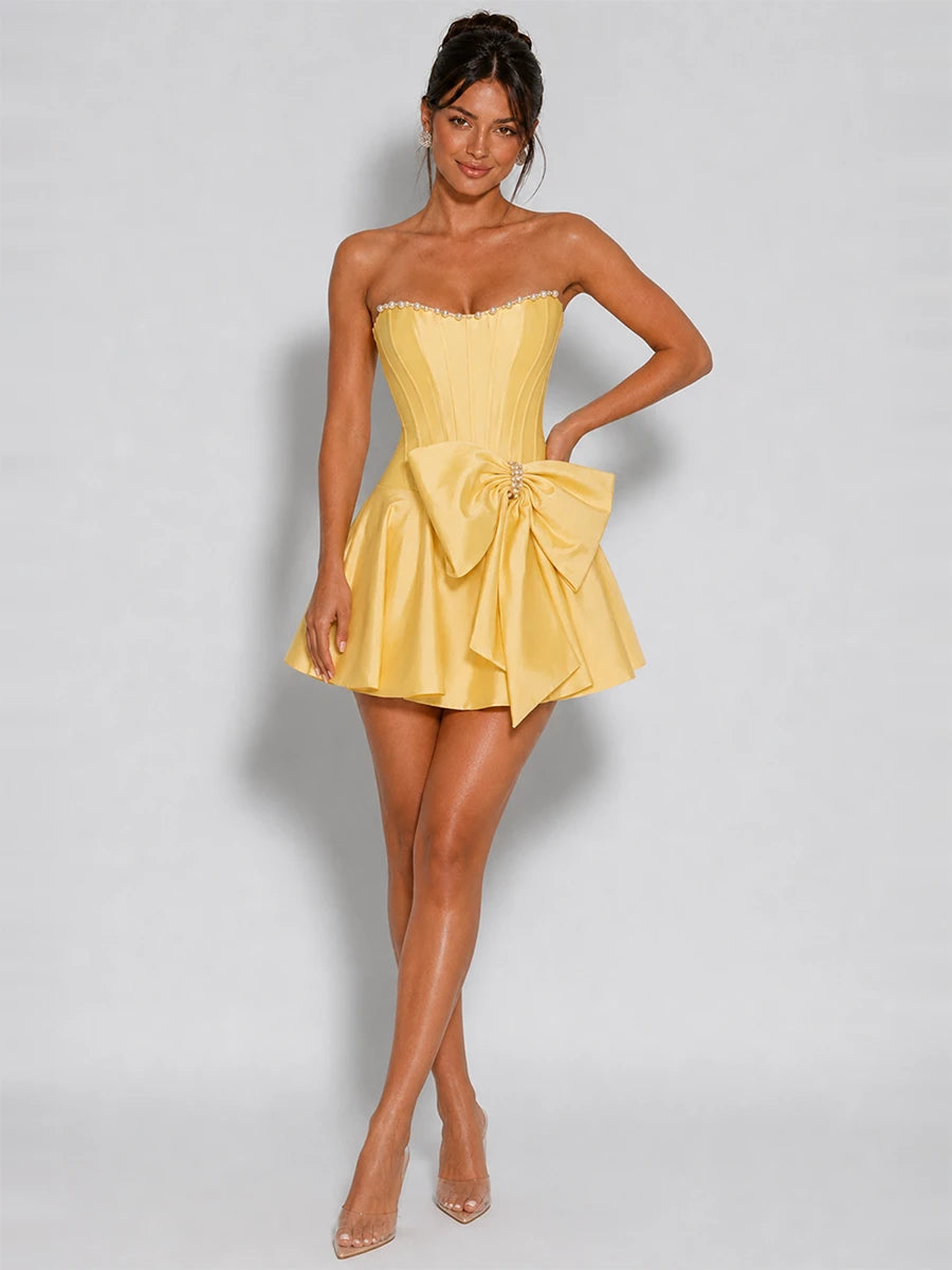 Strapless Corset Bow Mini Satin Homecoming Dress