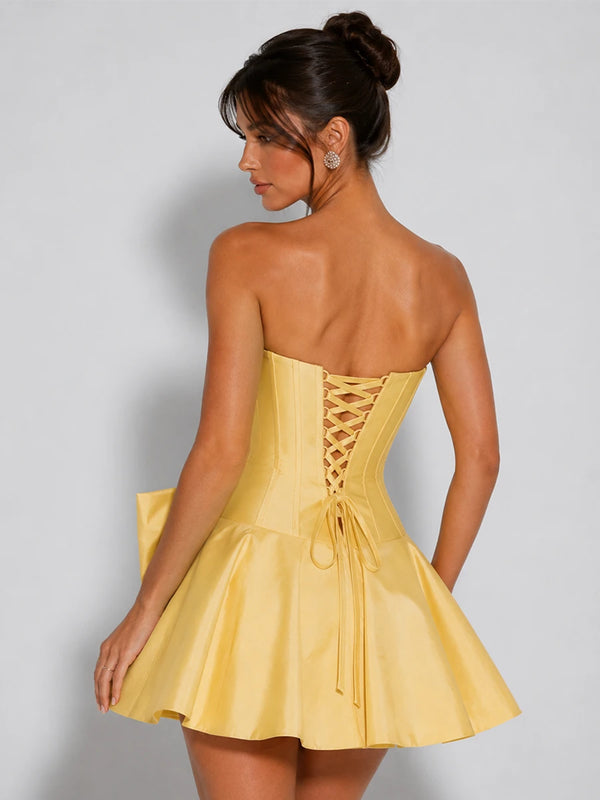 Strapless Corset Bow Mini Satin Homecoming Dress