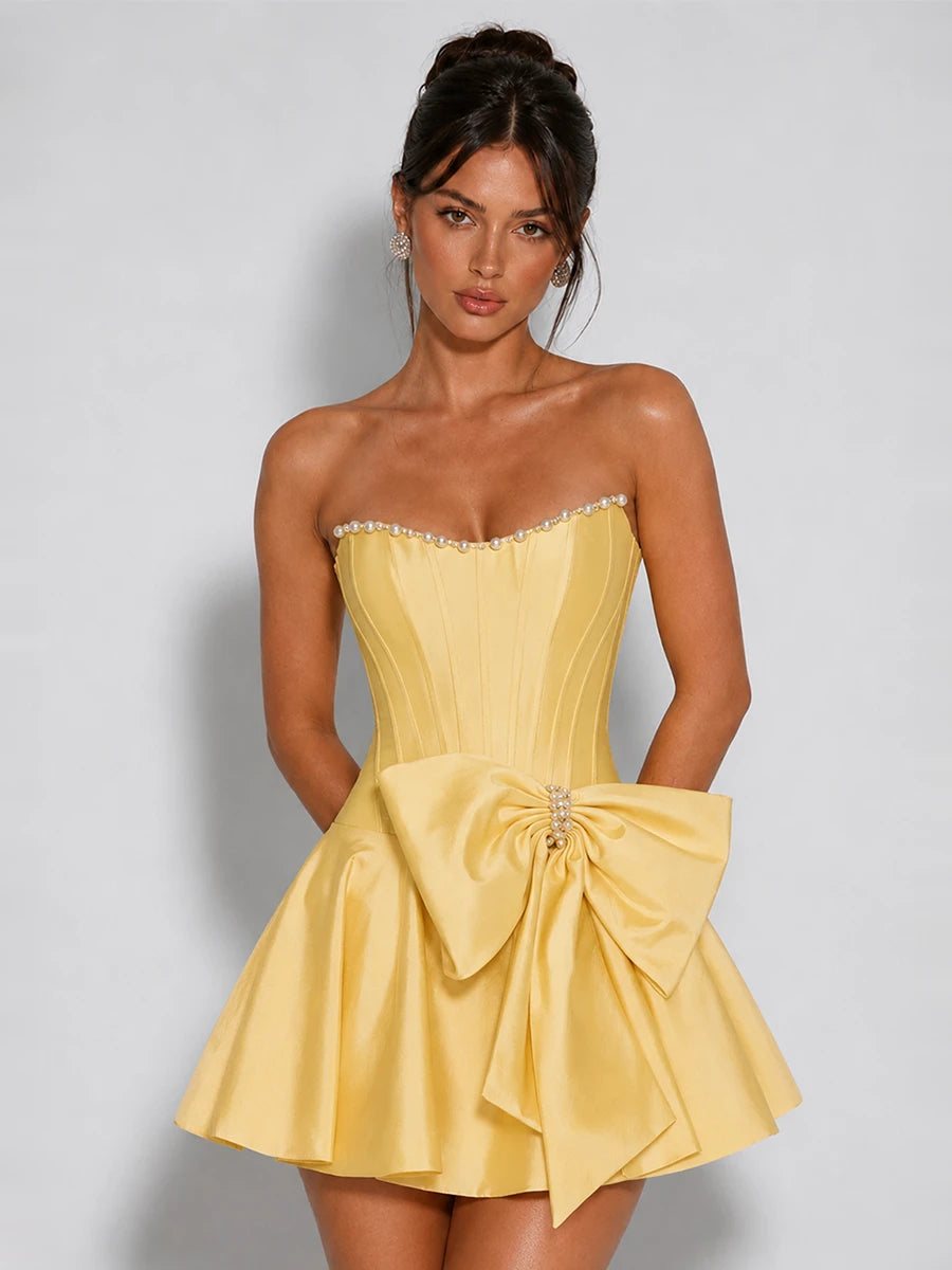 Strapless Corset Bow Mini Satin Homecoming Dress