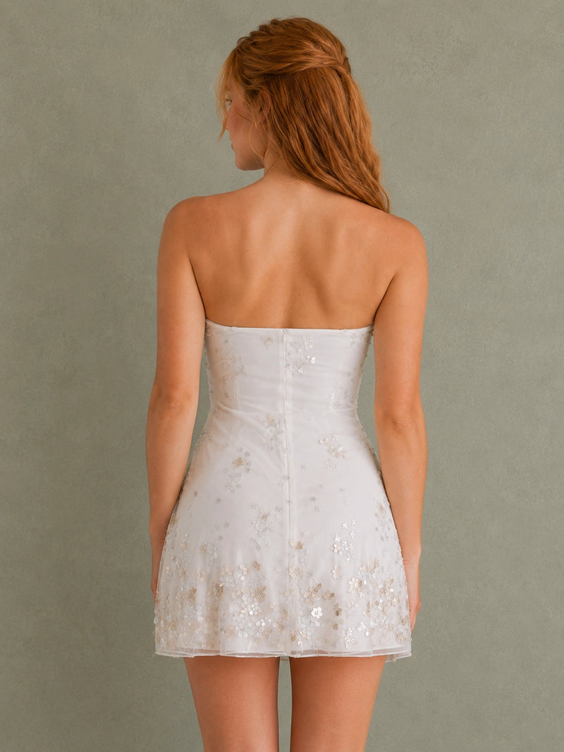 Strapless Sequin Floral White Homecoming Dress