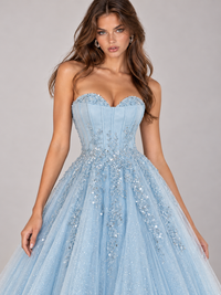 Strapless Sweetheart Beaded Corset Glitter Tulle Ball Gown Prom Dress