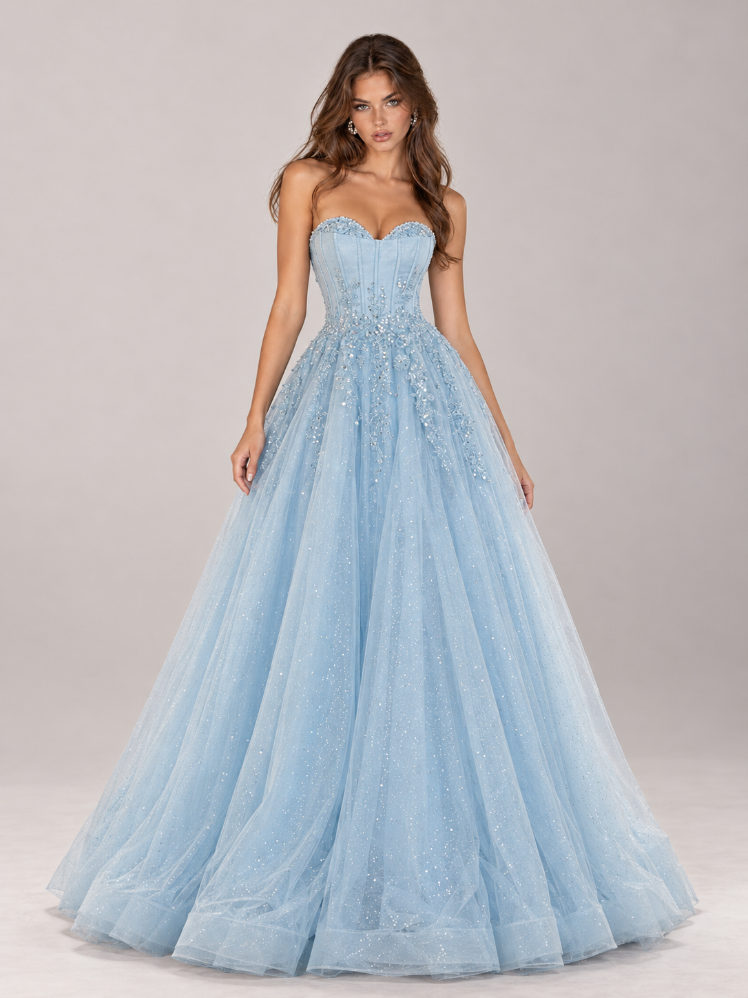 Strapless Sweetheart Beaded Corset Glitter Tulle Ball Gown Prom Dress