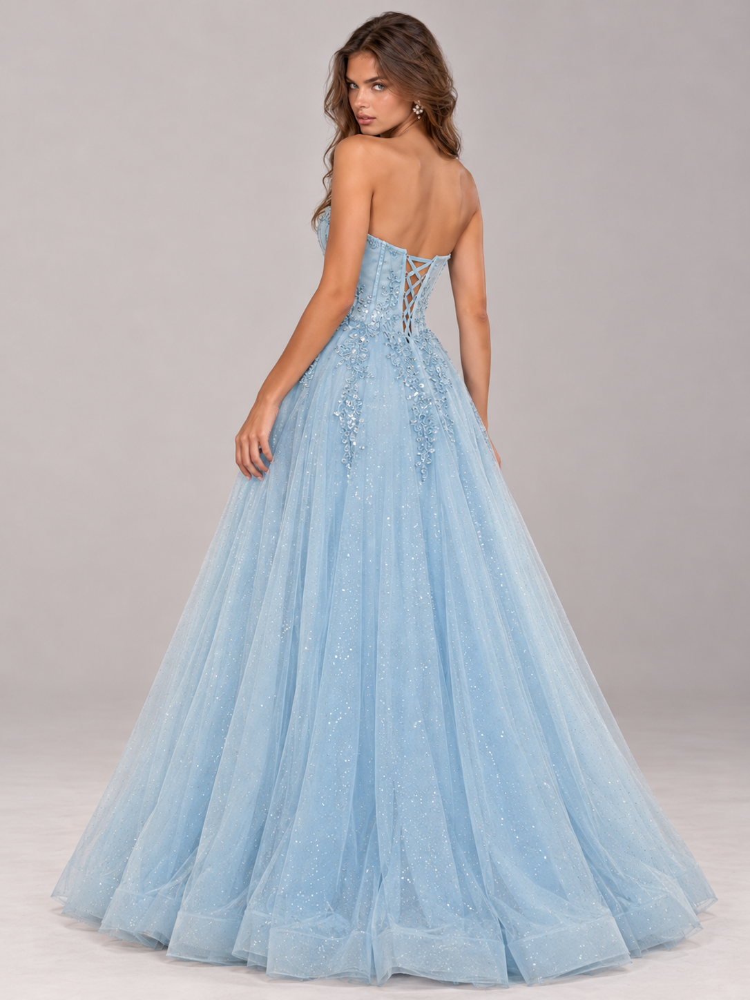 Strapless Sweetheart Beaded Corset Glitter Tulle Ball Gown Prom Dress