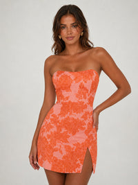 Strapless orange cocktail mini dress with side slit