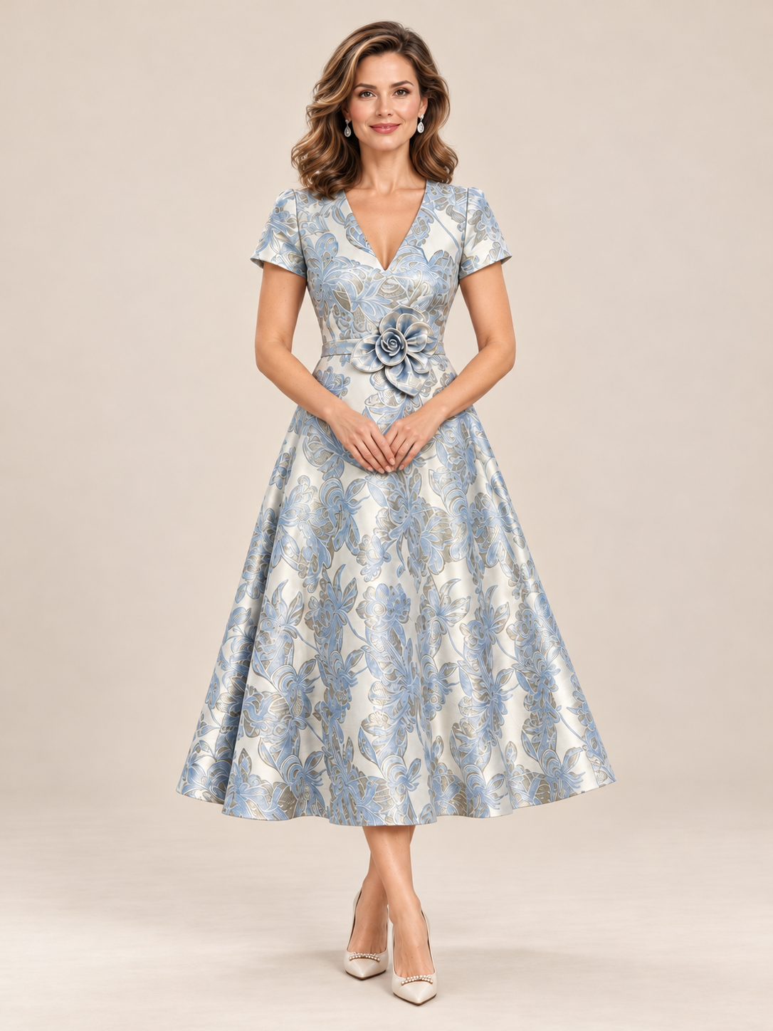 Surplice V-neckline and fitted bodice on blue floral mother of the bride dress