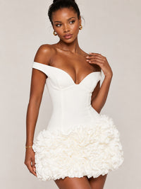 Sweetheart off-shoulder neckline on ivory mini dress