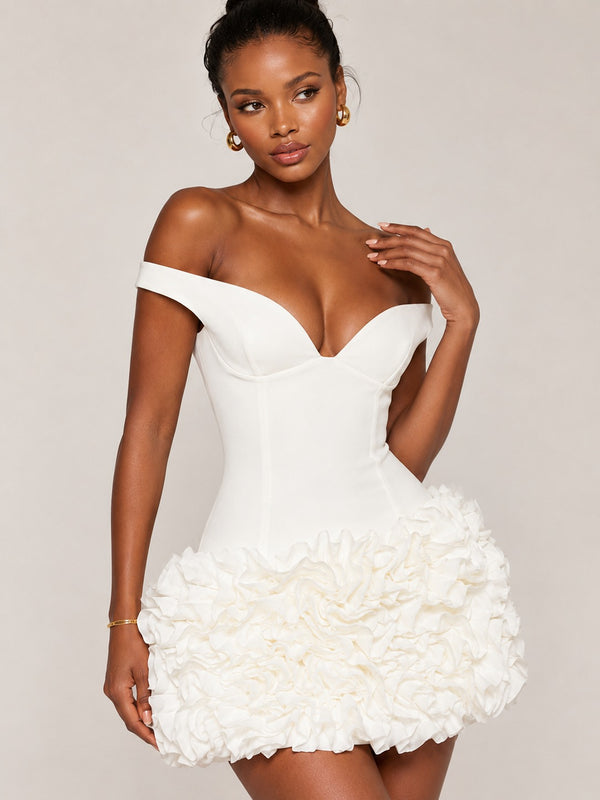 Sweetheart off-shoulder neckline on ivory mini dress
