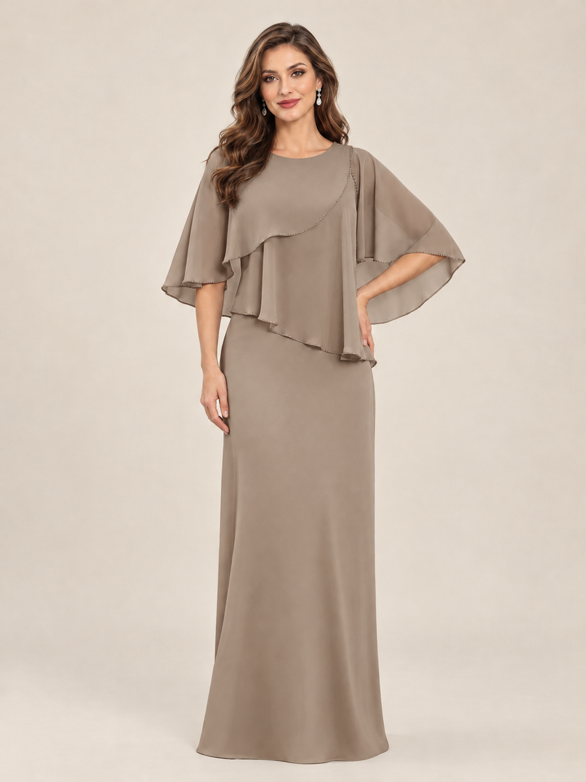 Dusty Blue Cape Sleeve Mother of the Bride Dress with Asymmetrical Overlay