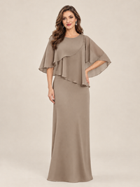 Dusty Blue Cape Sleeve Mother of the Bride Dress with Asymmetrical Overlay