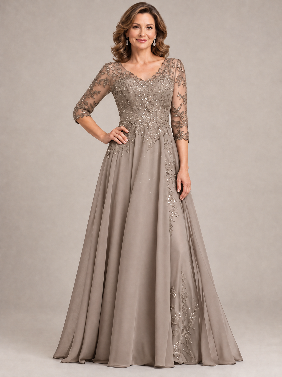 Navy Blue Sequin Lace A-Line Mother of the Bride Dress with 3/4 Sleeves
