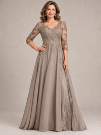 Navy Blue Sequin Lace A-Line Mother of the Bride Dress with 3/4 Sleeves