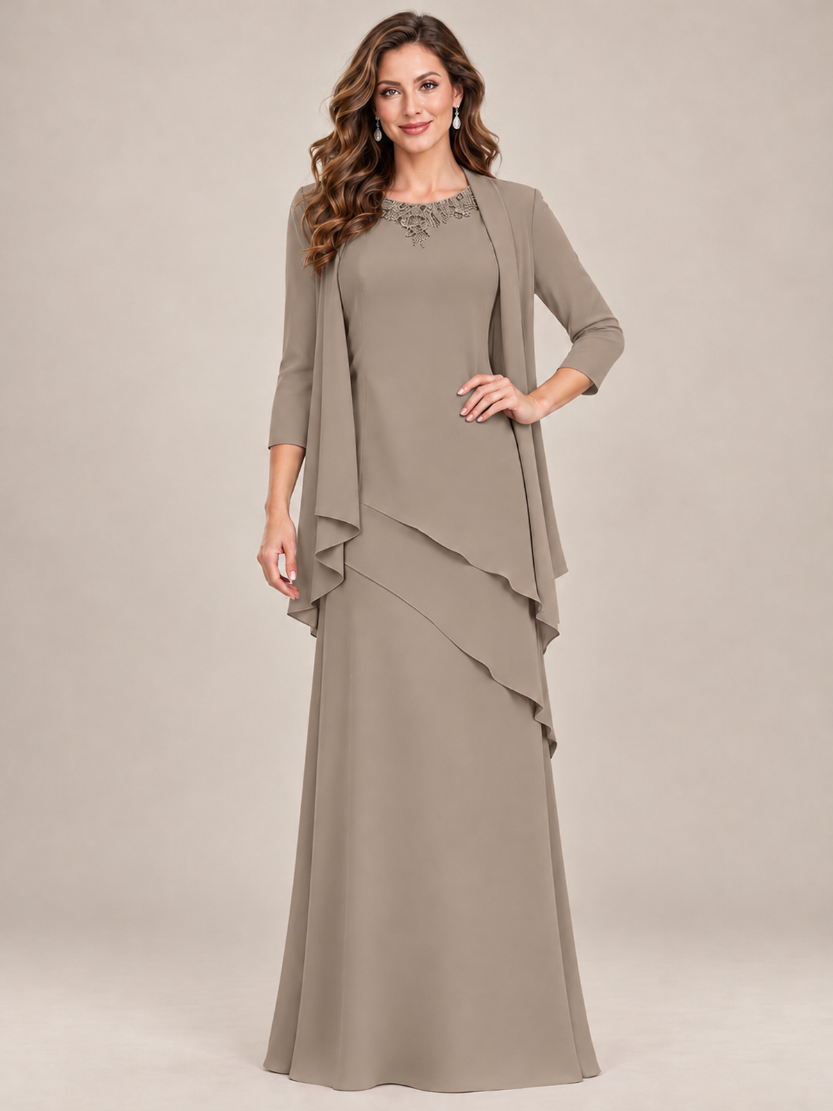 Dusty Blue Two-Piece Chiffon Mother of the Bride Dress with Jacket