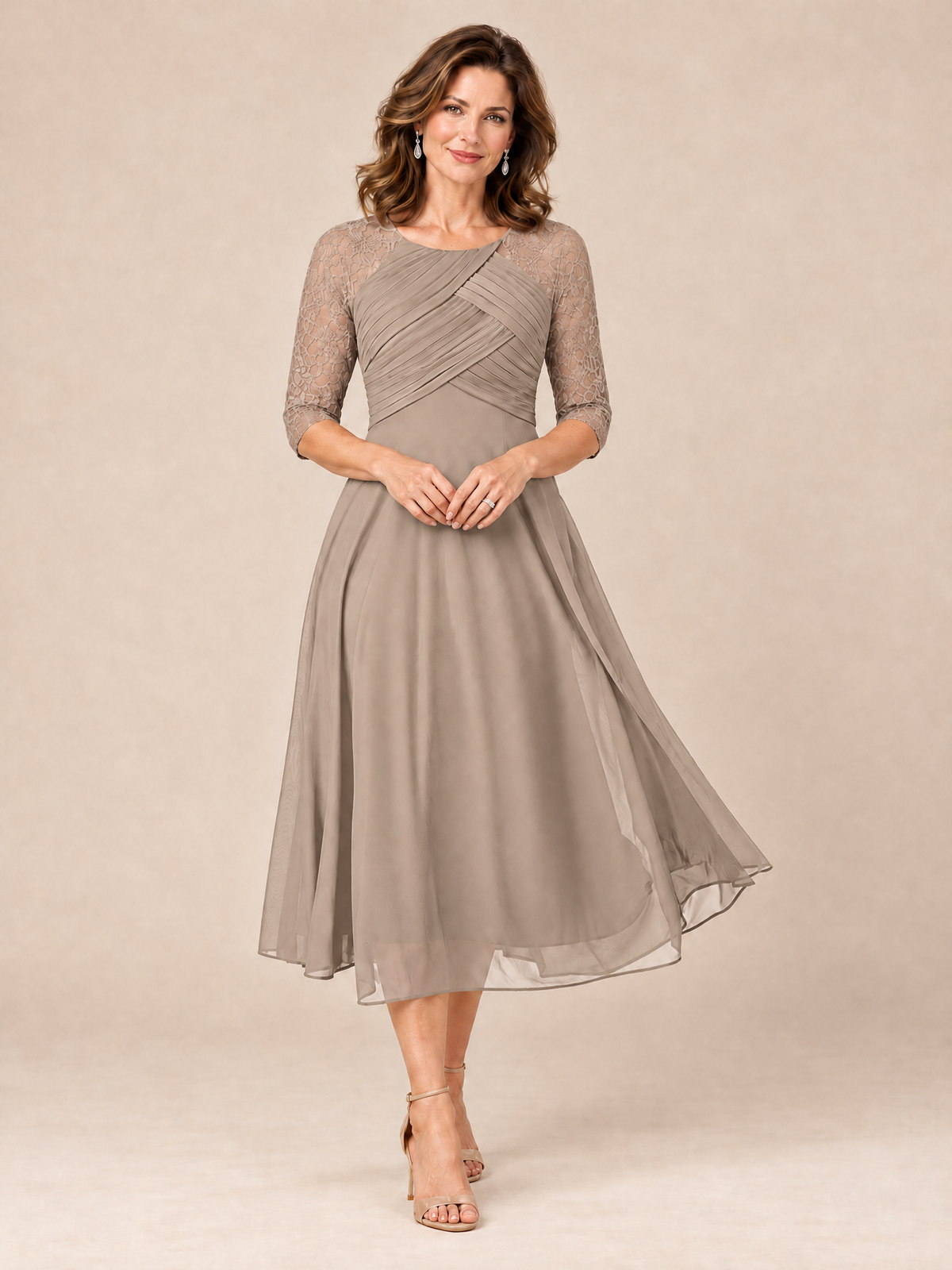 Dusty Blue Tea-Length Mother of the Bride Dress with Lace 3/4 Sleeves