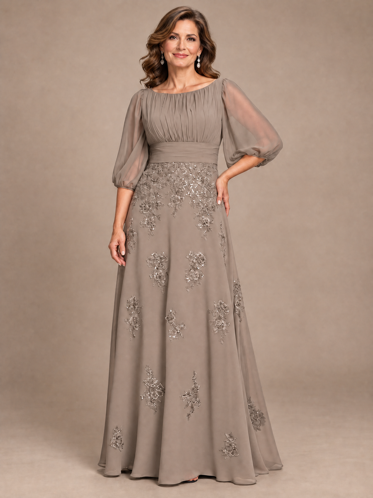 Navy Blue A-Line Mother of the Bride Dress with Sheer Puff Sleeves