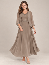 Dusty Blue Floral Lace Chiffon Mother of the Bride Dress with Jacket
