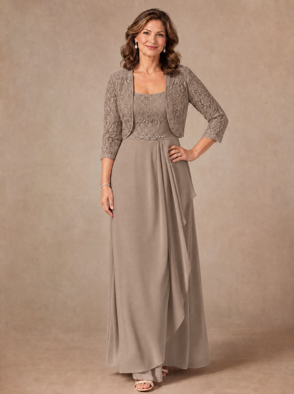 Blush Pink A-Line Mother of the Bride Dress with Lace Jacket and Ruffles