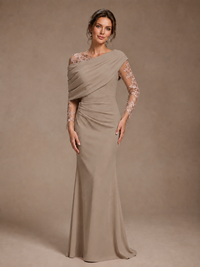 Dusty Rose Illusion Long Sleeve Chiffon Applique Mother of The Bride Dress