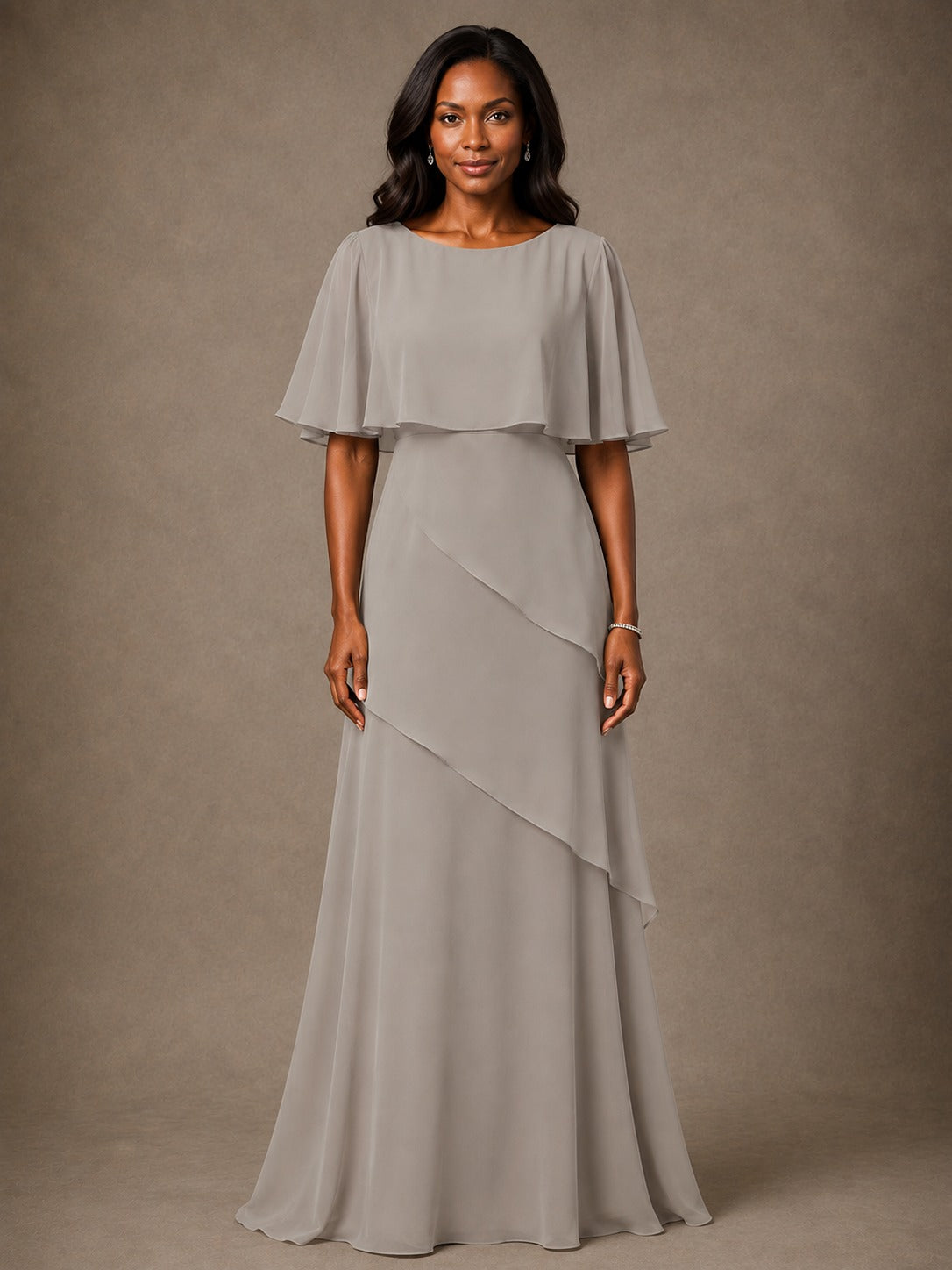 Taupe Chiffon A-Line Mother of the Bride Dress with Cape Sleeves